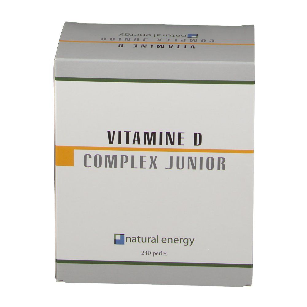 Karton mit 'VITAMINE D COMPLEX JUNIOR' und 'natural energy'. 240 Perlen. Weiß, gelb und grau.