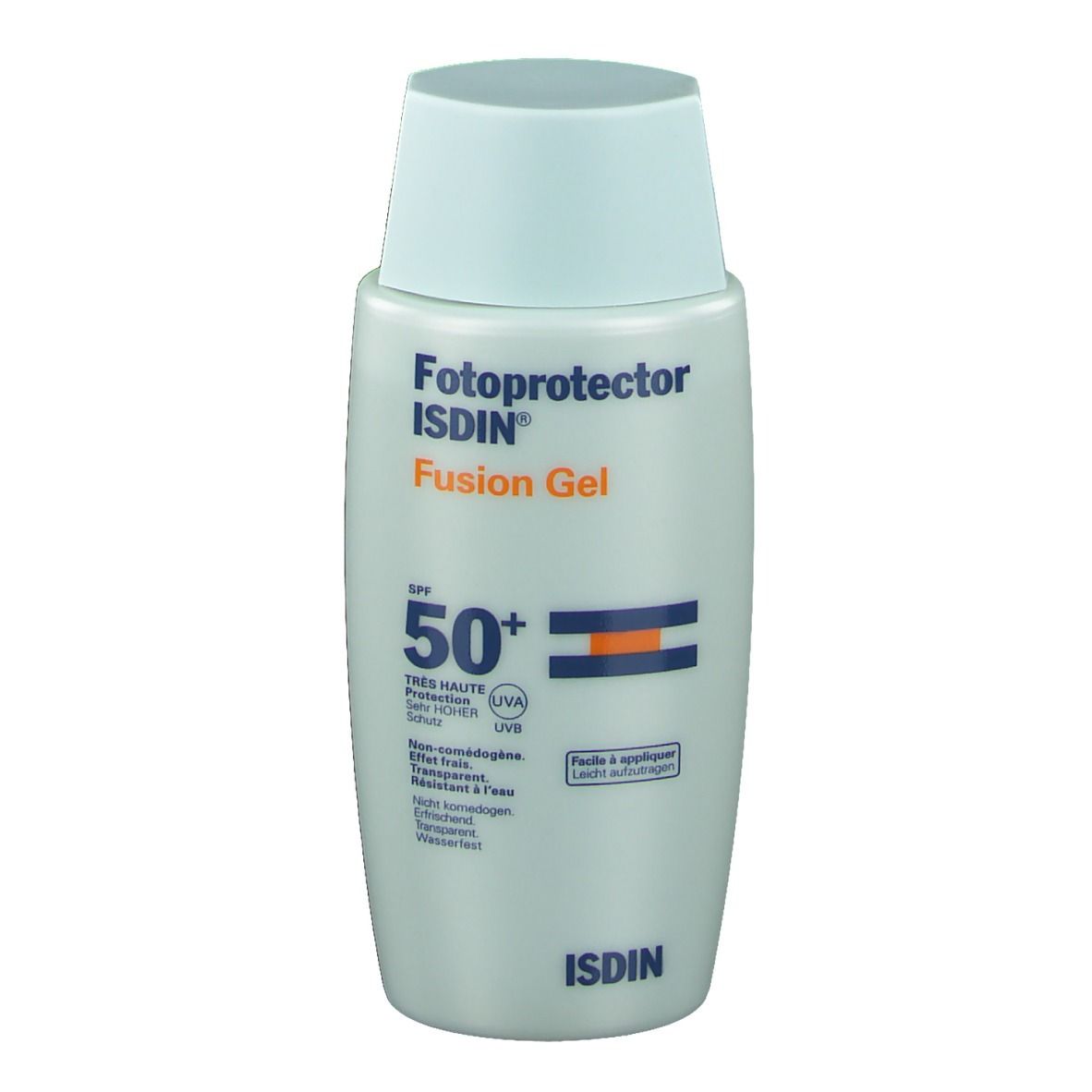 Sonnencreme-Flasche mit blauem Deckel. Aufschrift: Fotoprotector Fusion Gel SPF50+ von ISDIN.