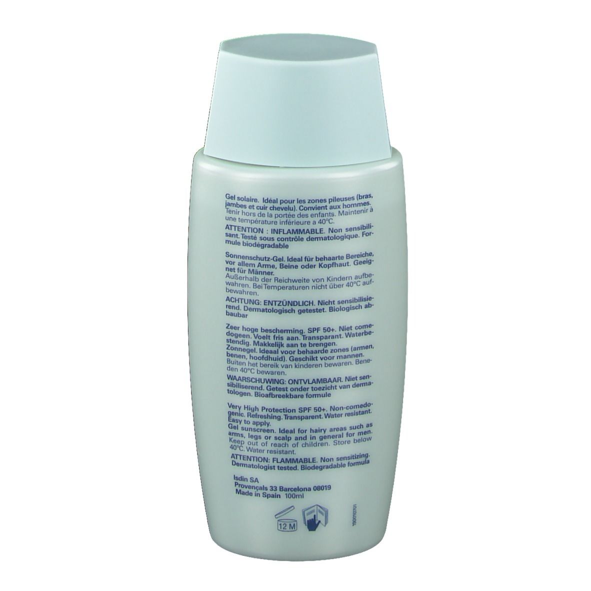 Rückseite der Sonnencremeflasche. Text in mehreren Sprachen. ISDIN-Logo und 100ml.