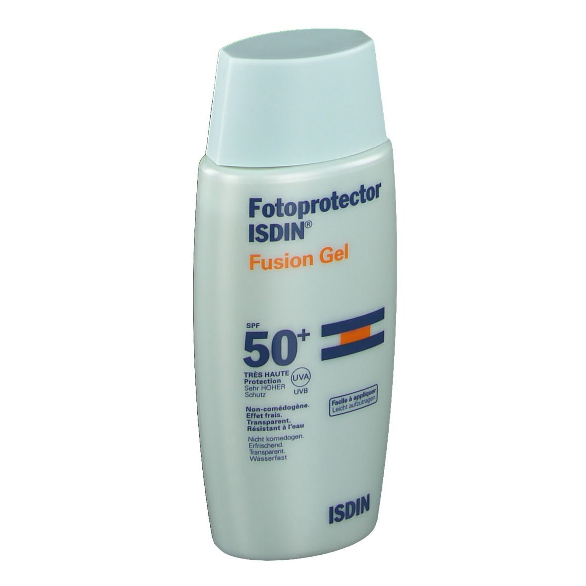 Sonnencreme-Flasche mit blauem Deckel. Aufschrift: Fotoprotector Fusion Gel SPF50+ von ISDIN.