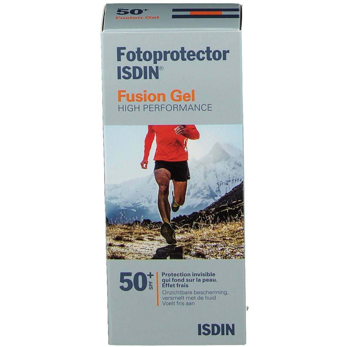 Verpackung von Sonnencreme. Aufschrift: Fotoprotector Fusion Gel SPF50+ von ISDIN. Abbildung eines Läufers.