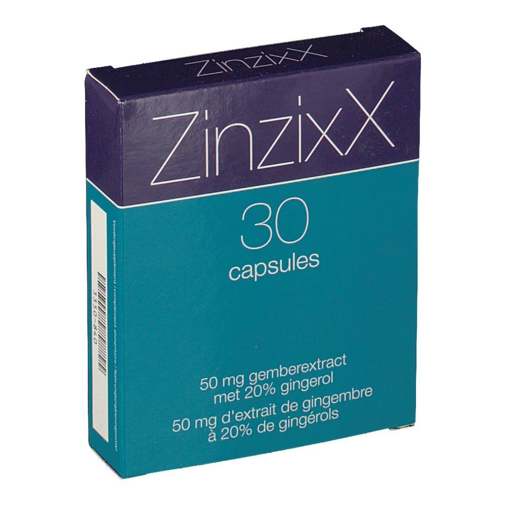 Boîte de gélules ZinzixX. 30 gélules. Inscription : 50 mg extrait de gingembre avec 20% de gingérol.