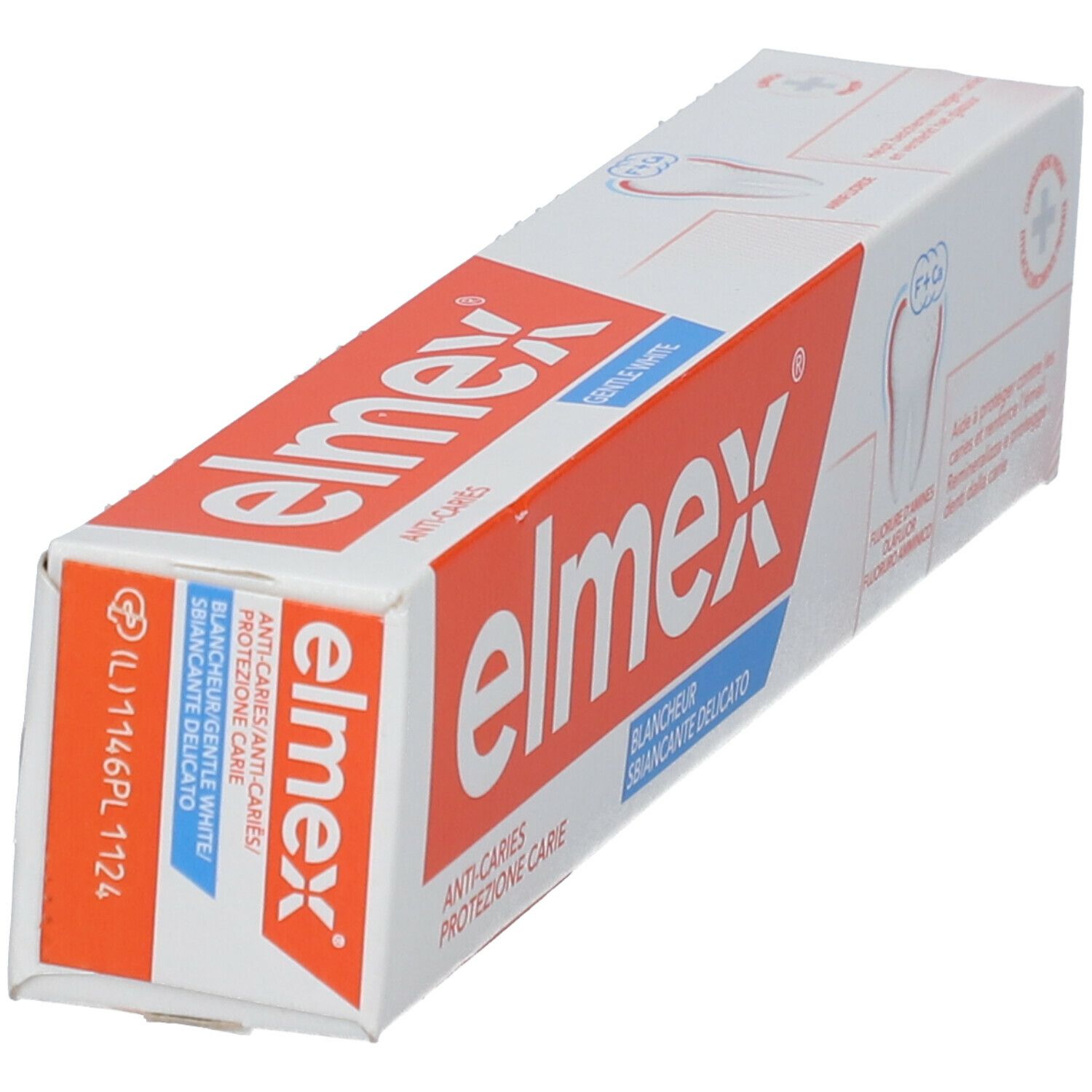 Zahncreme-Verpackung. Marke: elmex. Text: Anti-Karies, Whitening. Schrägansicht.