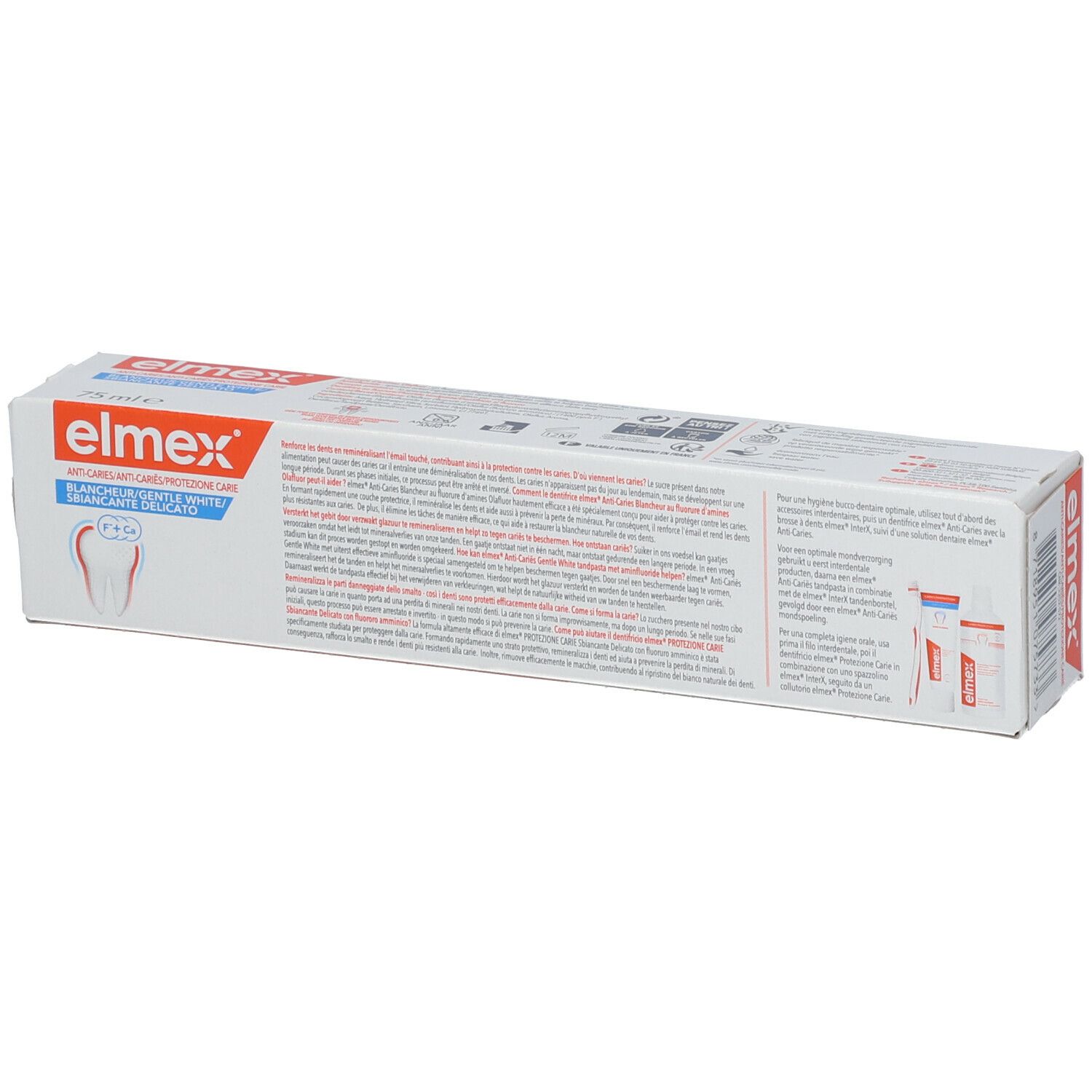 Rückseite der Zahncreme-Verpackung. Text und Illustrationen. Marke: elmex.