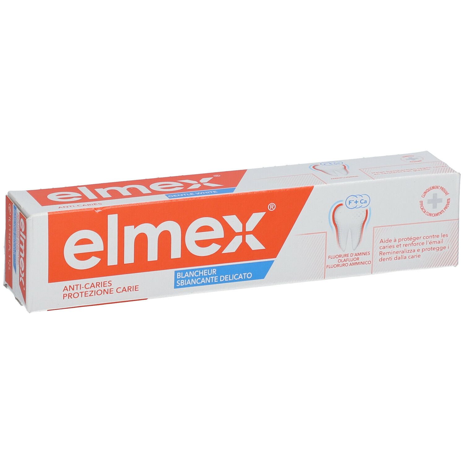 Zahncreme-Verpackung. Marke: elmex. Text: Anti-Karies, Whitening. Illustration eines Zahns.