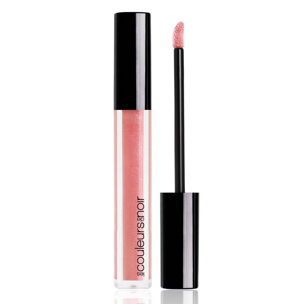 Lipgloss-Flakon mit schwarzem Deckel und Applikator. Rosa Inhalt. Marke: Les Couleurs de Noir.