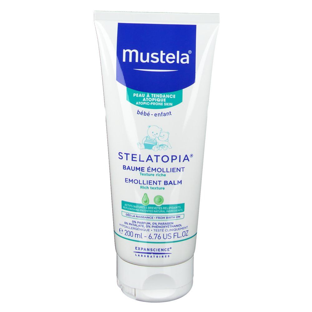 Tube blanc Mustela STELATOPIA, Baume Emollient. Inscriptions en français et anglais. Contenance 200 ml. Pour peau atopique.