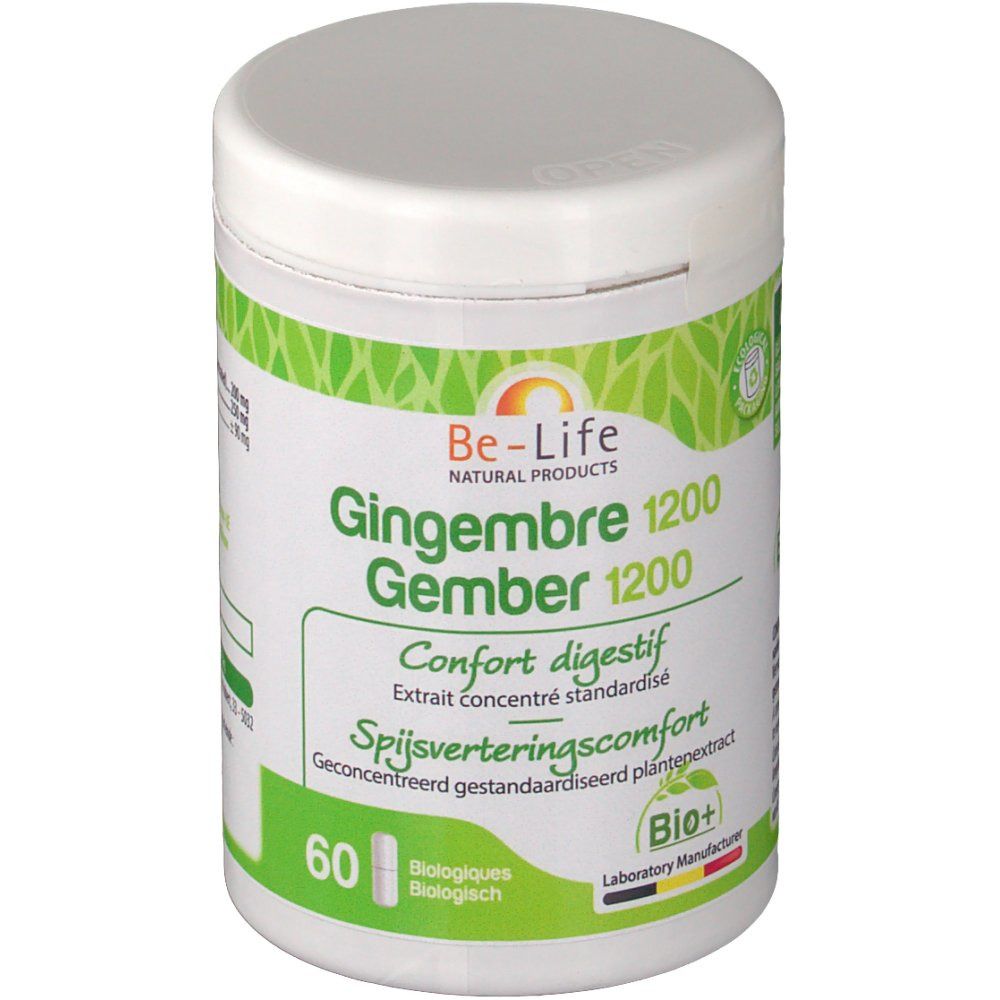 Weißes Be-Life-Produktglas mit grünem Etikett. Aufschrift: Gingembre 1200, Gember 1200, Confort digestif. 60 Kapseln.