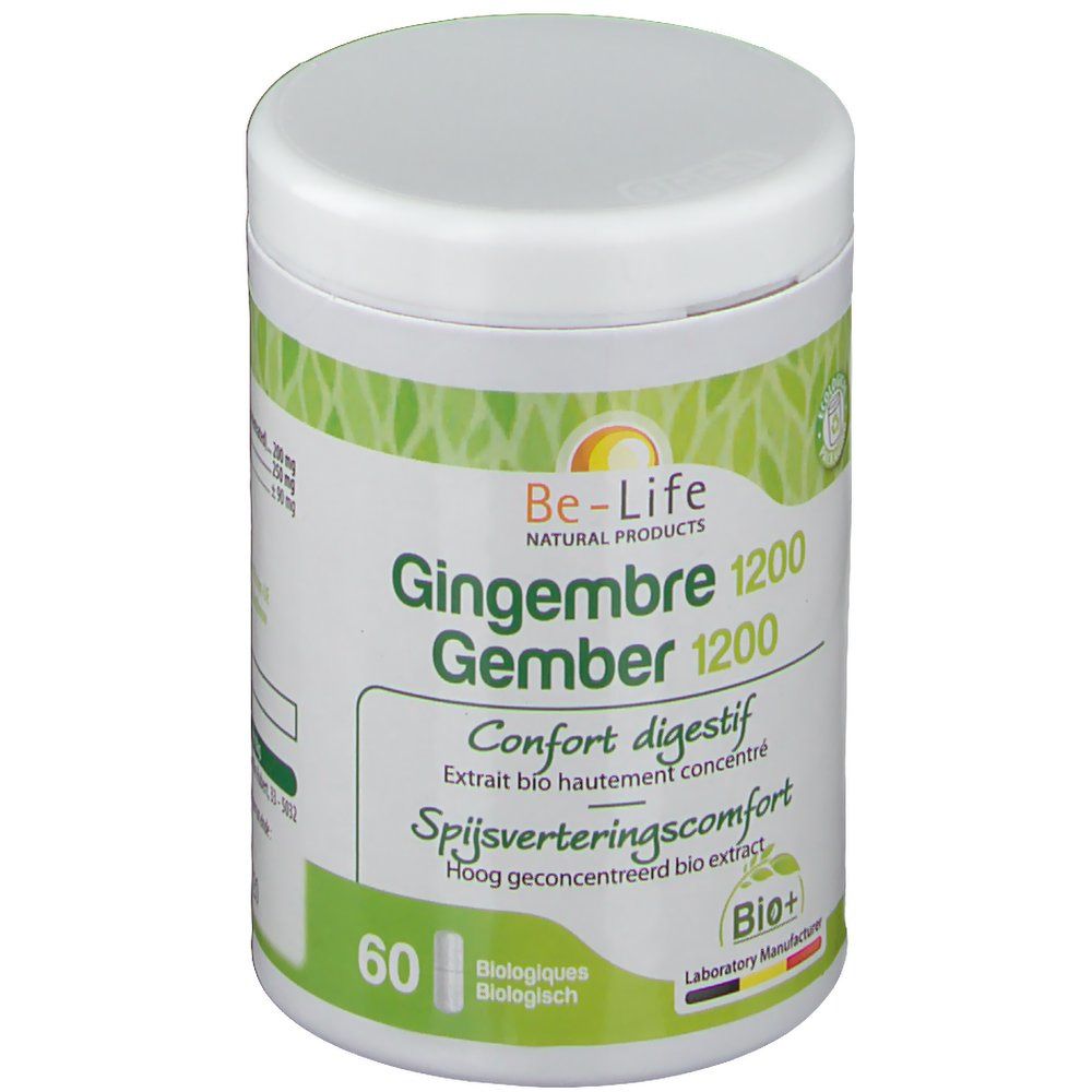 Weißes Be-Life-Produktglas mit grünem Etikett. Aufschrift: Gingembre 1200, Gember 1200, Confort digestif. 60 Kapseln.