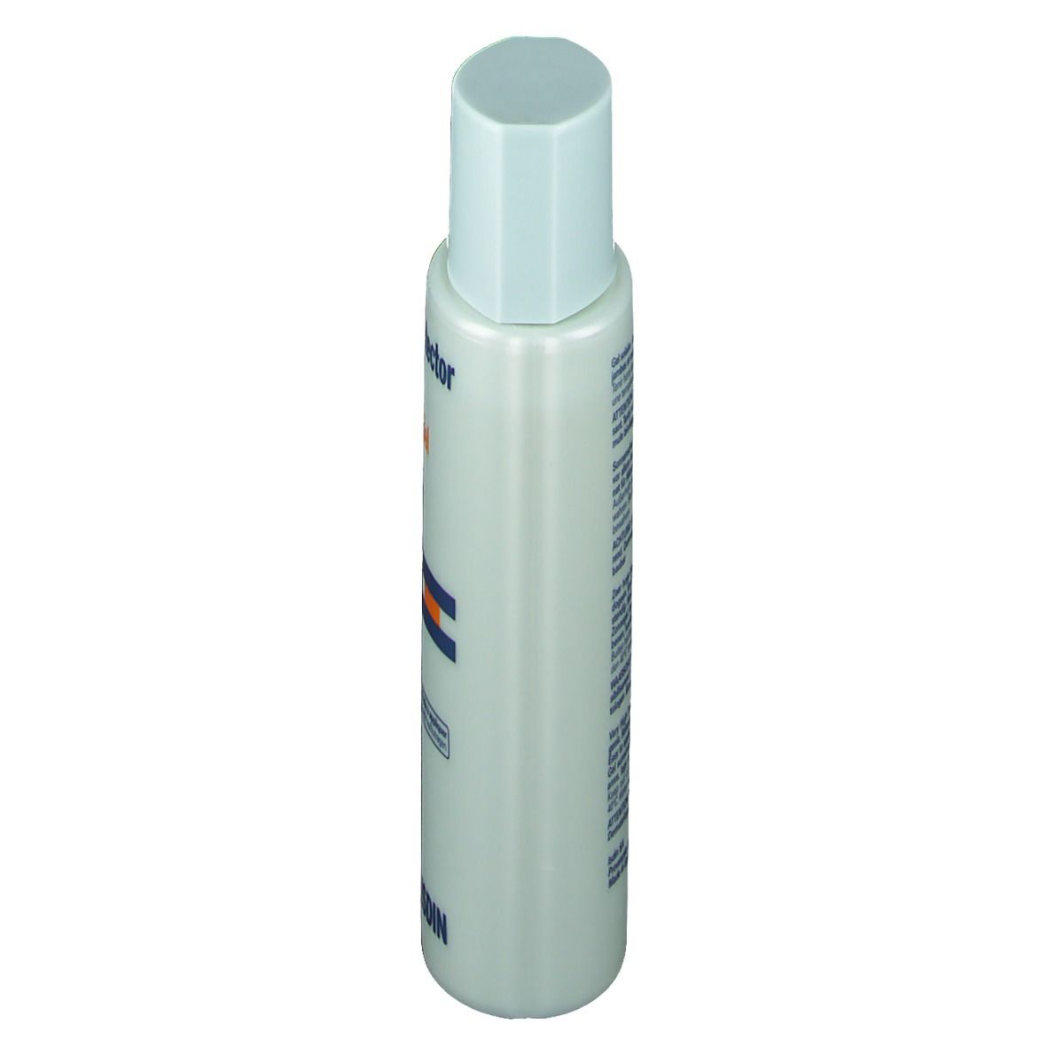 Sonnencremeflasche, Seitenansicht. Blau-weiße Flasche mit blauem Deckel. ISDIN-Logo.