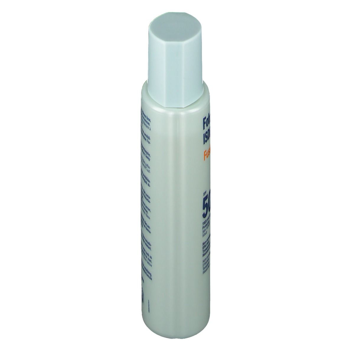 Sonnencremeflasche, Seitenansicht. Blau-weiße Flasche mit blauem Deckel. ISDIN-Logo.