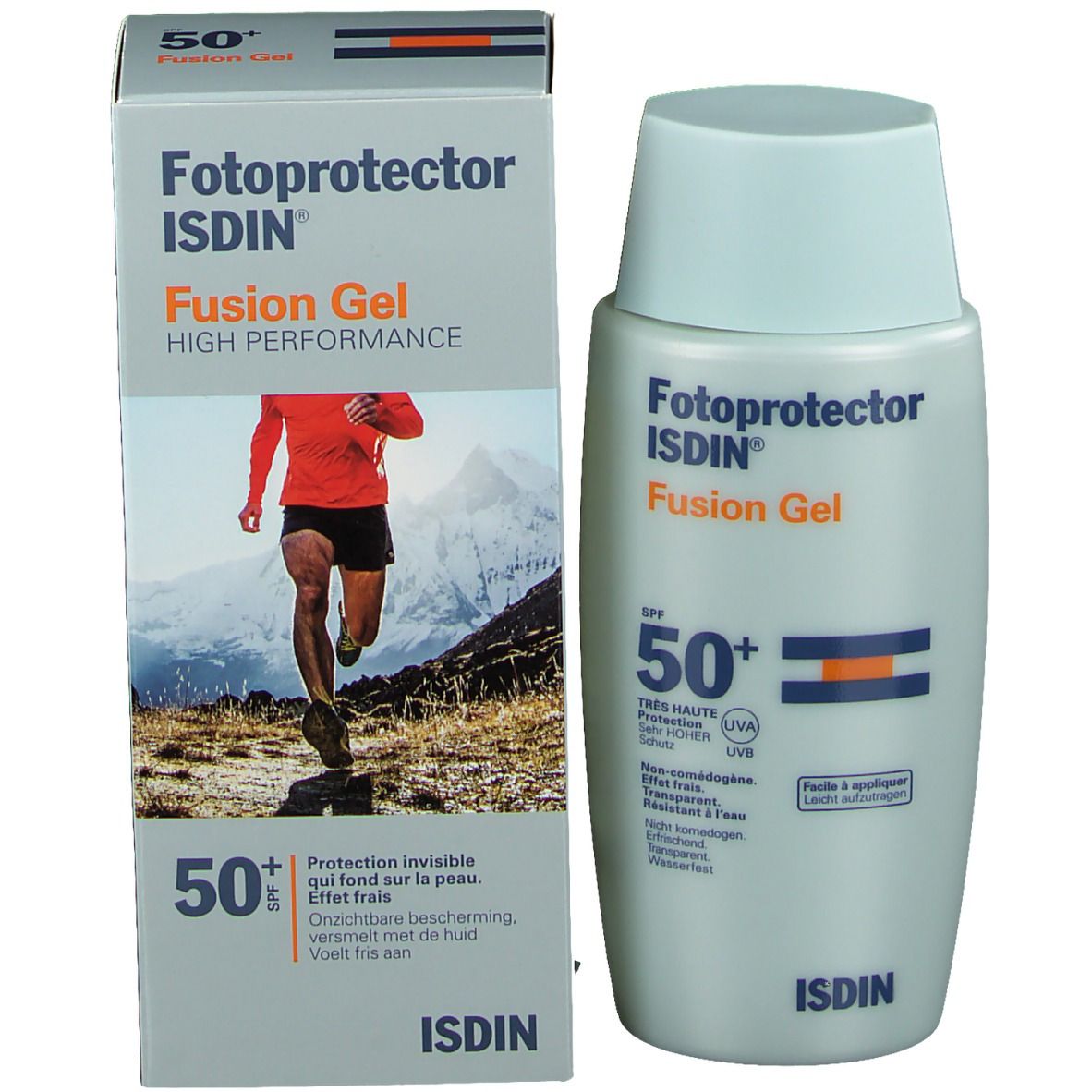Sonnencreme-Flasche neben Verpackung. Aufschrift: Fotoprotector Fusion Gel SPF50+ von ISDIN.