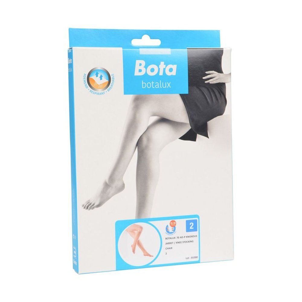 Emballage du produit avec l'inscription Bota Botalux. Image de jambes avec bas de compression. Taille 2.