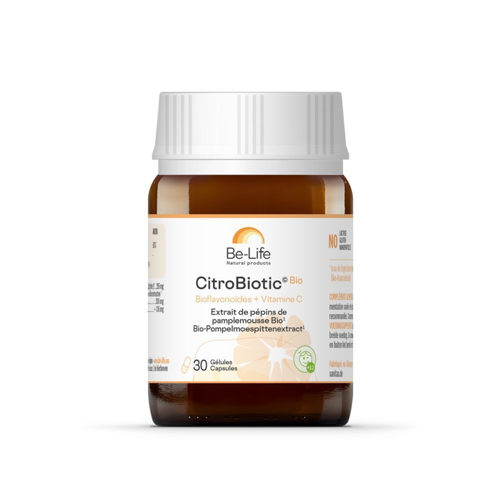 Flacon en verre brun avec bouchon blanc. Inscription Be-Life CitroBiotic, Bio-flavonoïdes + Vitamine C. 30 gélules. Label bio.