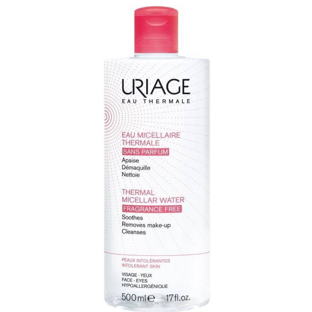 Bouteille transparente Uriage Mizellaren Wasser avec bouchon rouge. Inscription: Eau Thermale, Sans Parfum, Thermal Micellar Water, Fragrance Free.