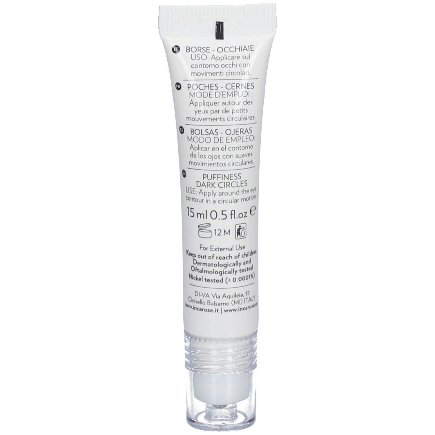 Tube blanc avec applicateur roll-on. Inscription : INCAROSE, MY EYES. Texte multilingue. 15 ml.