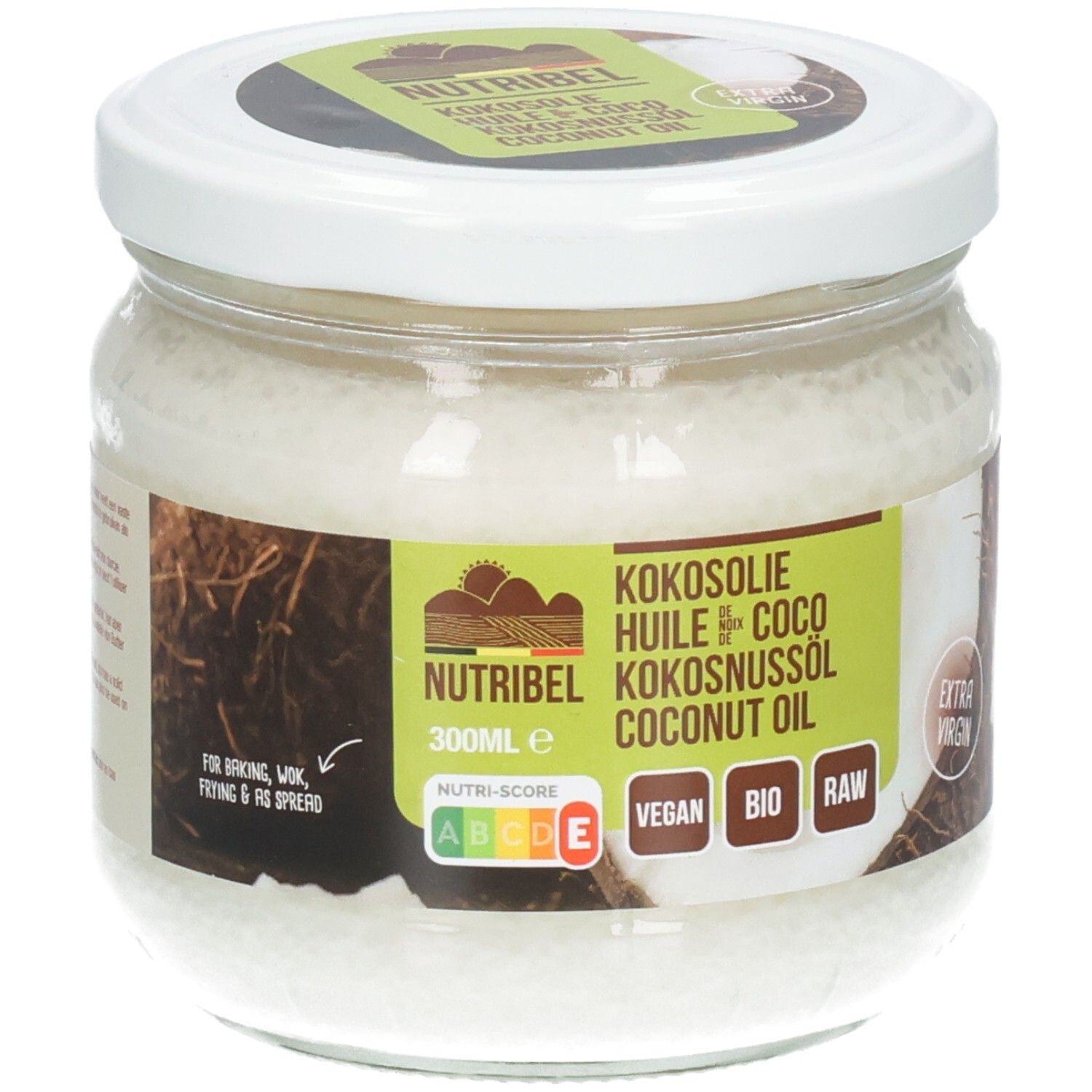 Glas mit Kokosöl. Weißer Deckel, Etikett mit Produktbezeichnung und Logos. Vegan, Bio, Roh.