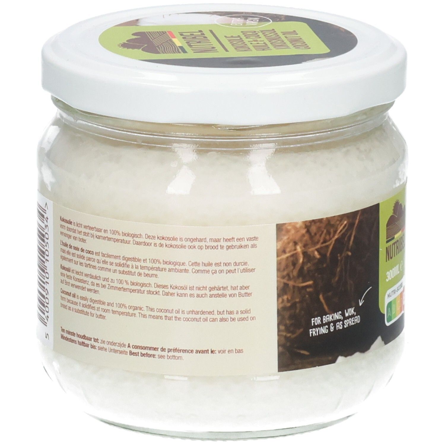Rückansicht des Glases mit Kokosöl. Text auf Etikett. Vegan, Bio, Roh. Haltbarkeitsdatum.