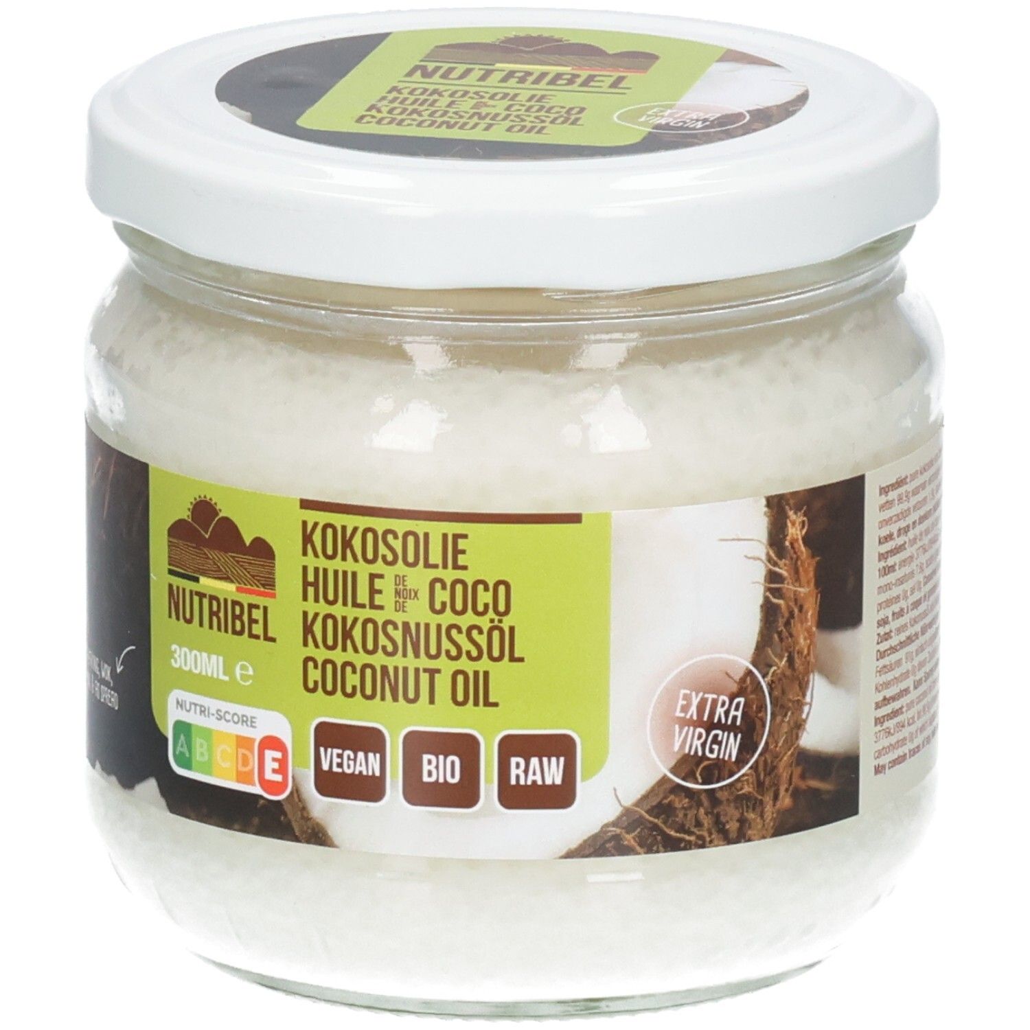 Glas mit Kokosöl. Weißer Deckel, Etikett mit Produktbezeichnung und Logos. Vegan, Bio, Roh.