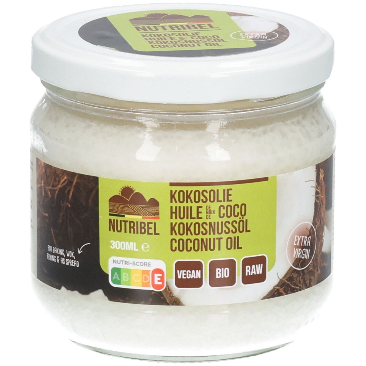 Glas mit Kokosöl. Weißer Deckel, Etikett mit Produktbezeichnung und Logos. Vegan, Bio, Roh.
