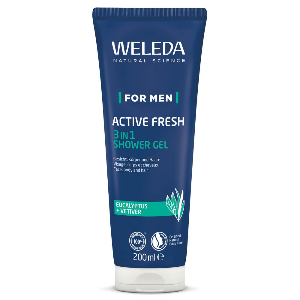 Blauwe Tube mit weißem Deckel. Aufschrift: WELEDA, FOR MEN, ACTIVE FRESH 3 in 1 Duschgel. Mit Bio-Siegel.