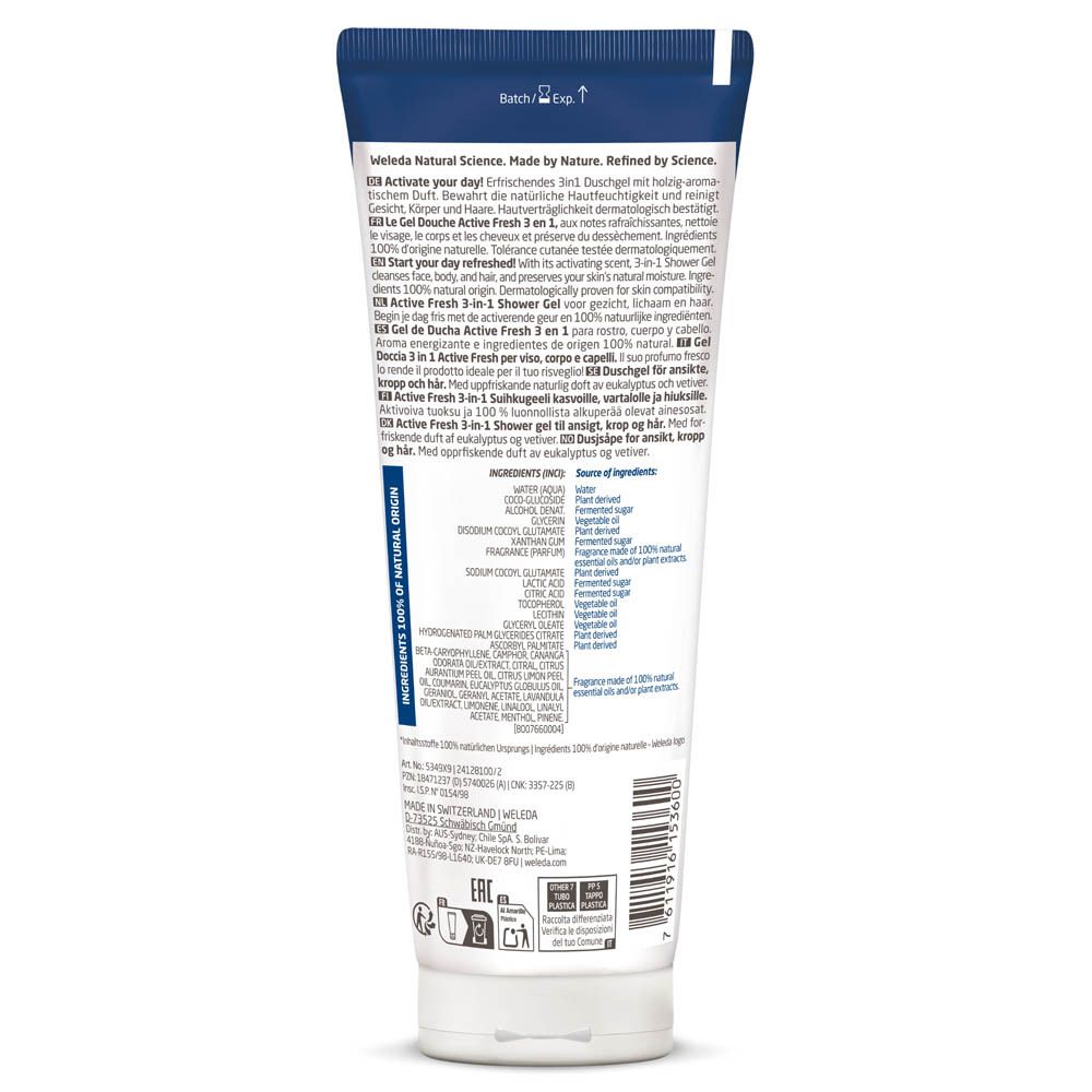 Rückseite der Tube. Inhaltsstoffe, Anwendungshinweise und Zertifizierungen.