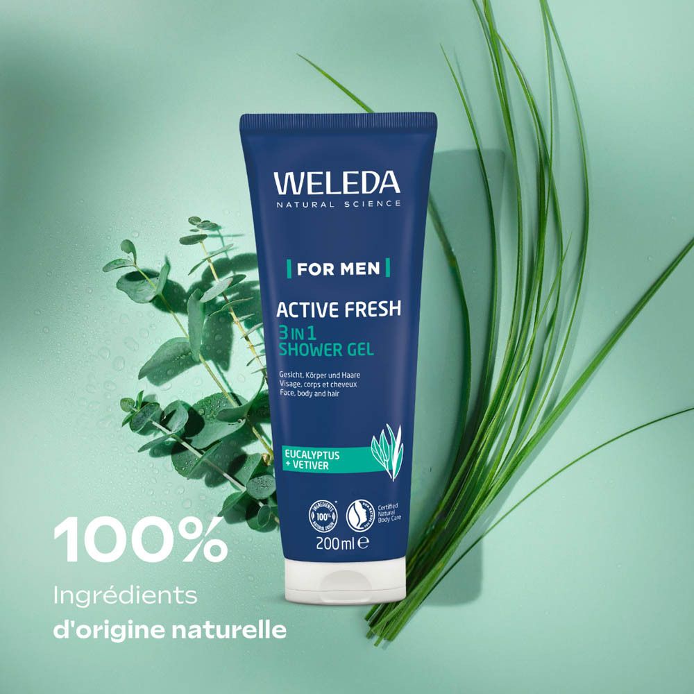 Tube bleu avec plantes vertes. Inscription: WELEDA, FOR MEN, ACTIVE FRESH 3 en 1 Gel douche. Avec label bio.