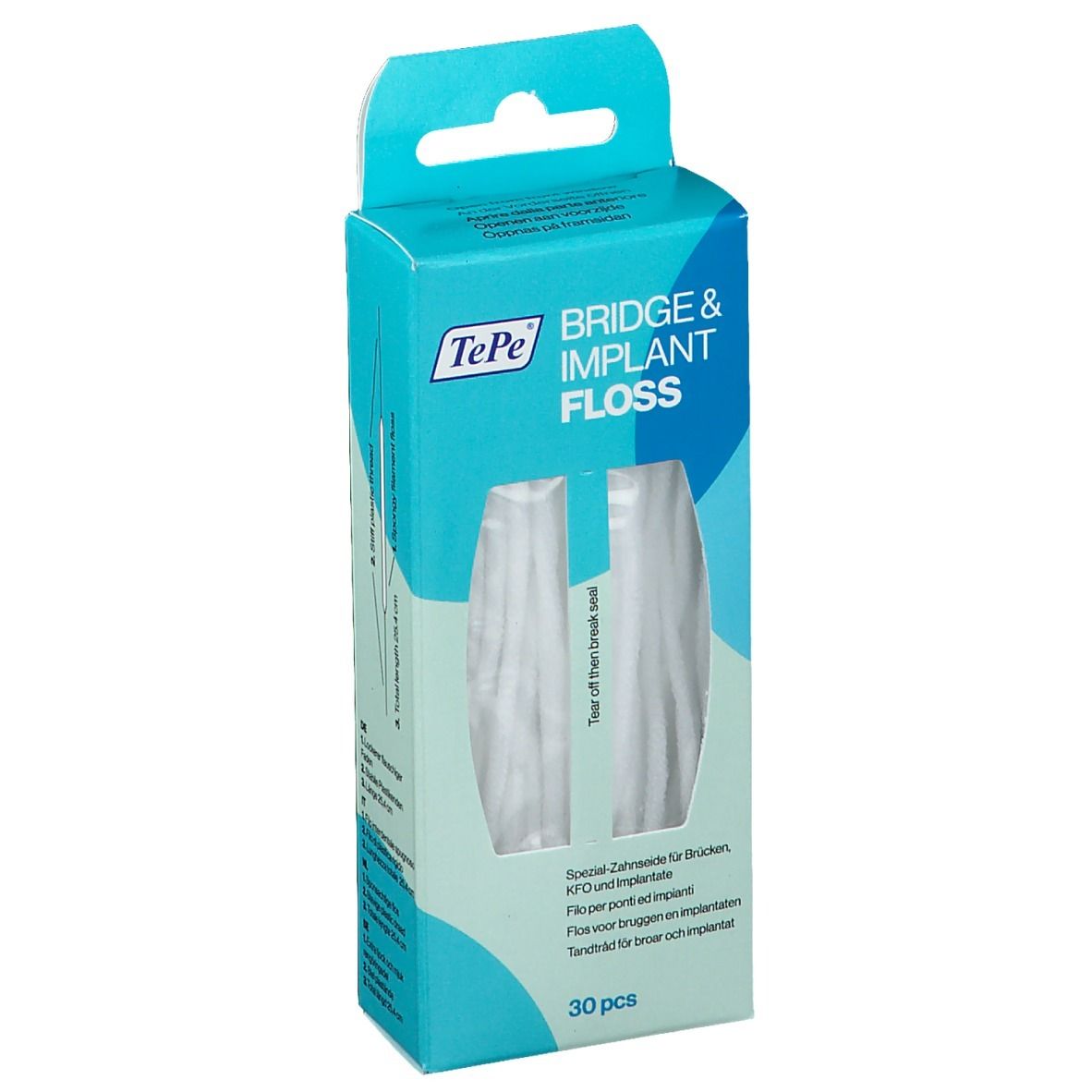 Boîte de fil dentaire TePe® Bridge & Implant. Emballage turquoise et blanc avec fenêtre et nom du produit.