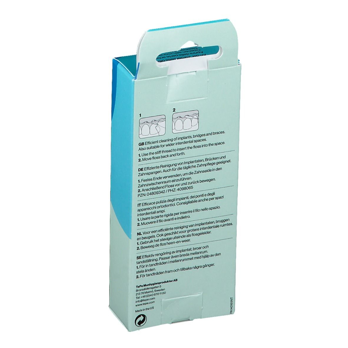 Dos de l'emballage du fil dentaire TePe® Bridge & Implant. Boîte turquoise et blanche avec instructions.