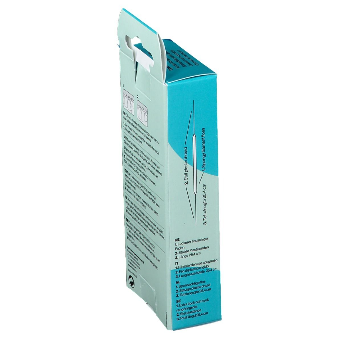 Vue latérale de l'emballage du fil dentaire TePe® Bridge & Implant. Boîte turquoise et blanche avec informations.