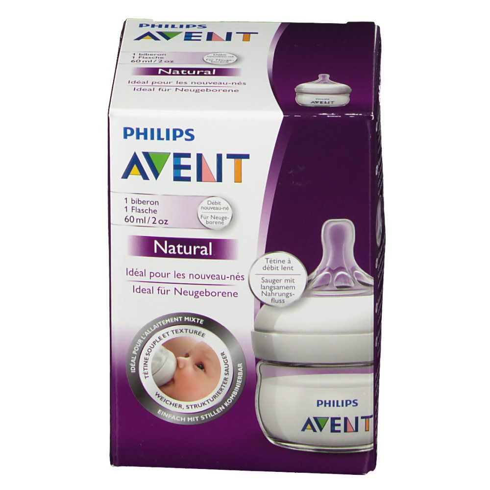 Boîte Philips AVENT Natural. Biberon et tétine visibles. Texte: 60 ml/2 oz, Natural, Idéal pour les nouveau-nés.