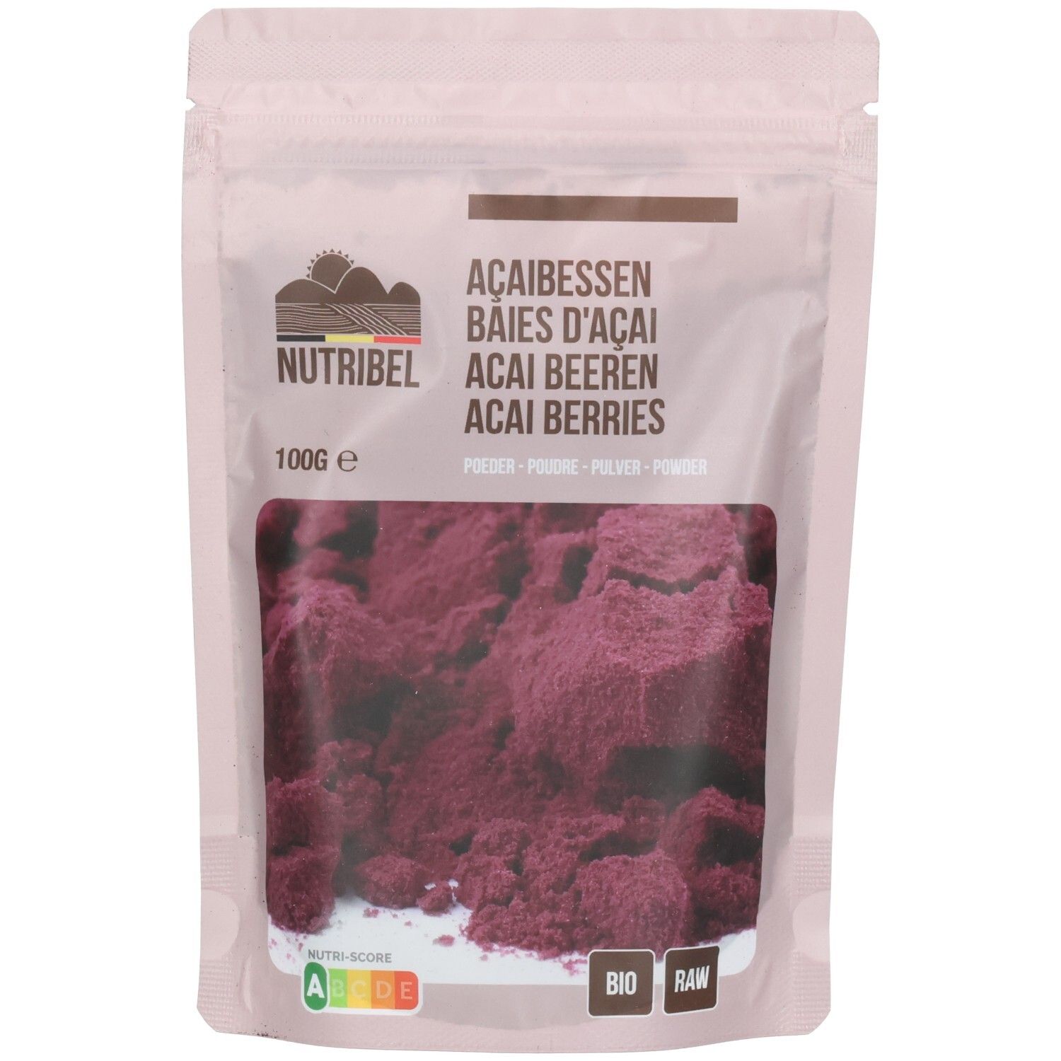 Beutel mit Pulver. Sichtfenster zeigt violettes Pulver. Aufschrift: Nutribel, Açaibessen, Bio, Raw, 100g.