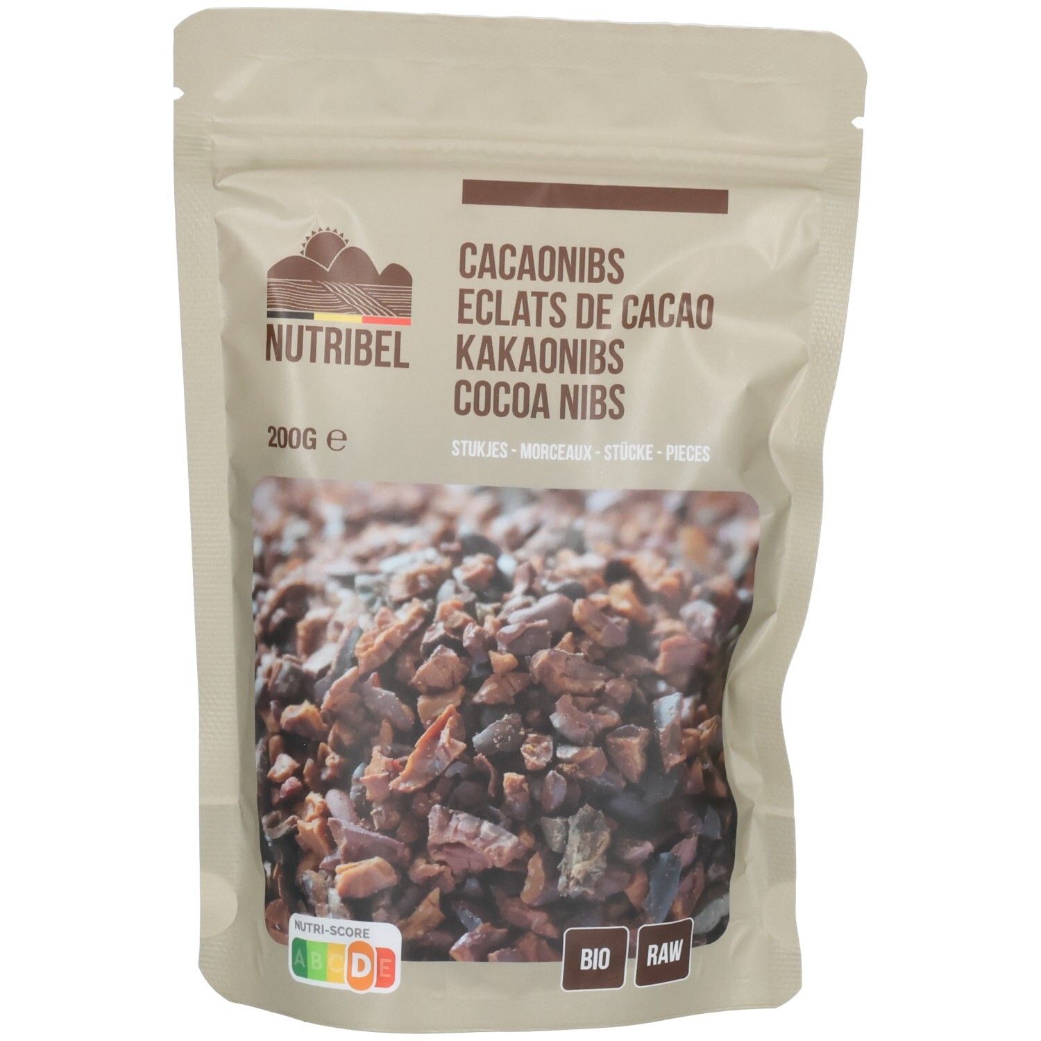 Beutel mit Cacaonibs. Aufdruck: Nutribel, 200g, Bio, Raw. Sichtfenster mit zerkleinerten Kakaobohnen.