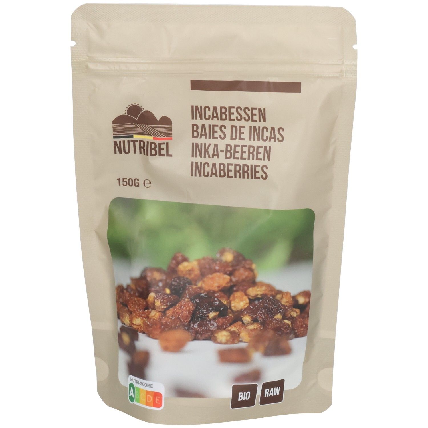 Beutel mit Inca-Beeren. Sichtfenster mit Produkt. Aufdruck: Nutribel, 150g, Bio, Raw.