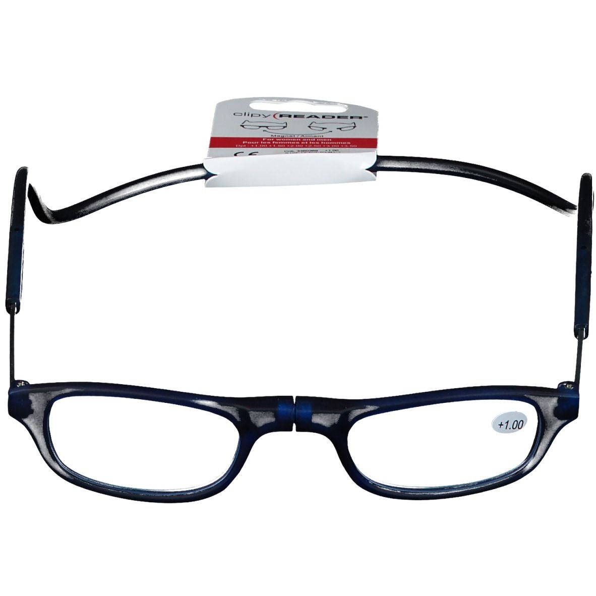 Lunettes de lecture pliables, monture noire, +1.00 dioptrie. Étiquette "Clipy READER".