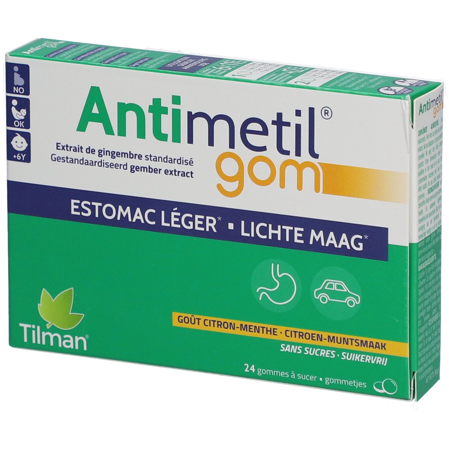 Schachtel Antimetil® gom. Grün-weiß. Text: Estomac léger, Lichte Maag. 24 Gummis. Ingwer-Geschmack. Marke Tilman.