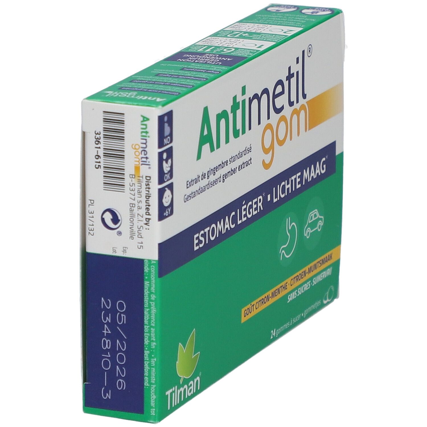 Schachtel Antimetil® gom. Grün-weiß. Text: Estomac léger, Lichte Maag. 24 Gummis. Ingwer-Geschmack. Marke Tilman.