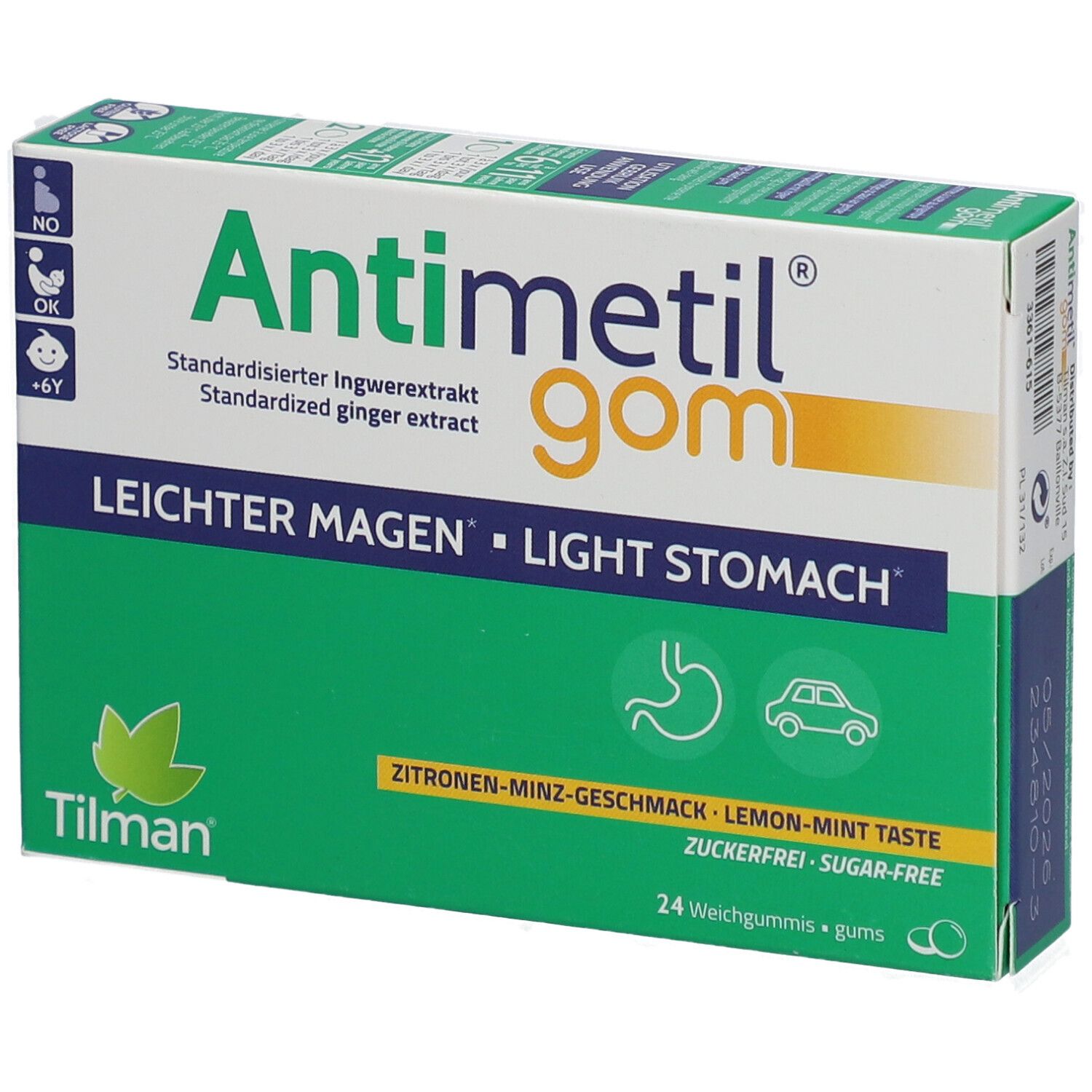 Schachtel Antimetil® gom. Grün-weiß. Text: Leichter Magen, Light Stomach. 24 Weichgummis. Zitrone-Minz-Geschmack. Marke Tilman.