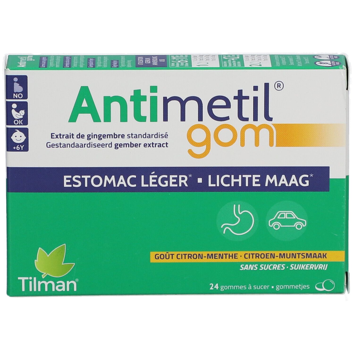 Schachtel Antimetil® gom. Grün-weiß. Text: Estomac léger, Lichte Maag. 24 Gummis. Ingwer-Geschmack. Marke Tilman.