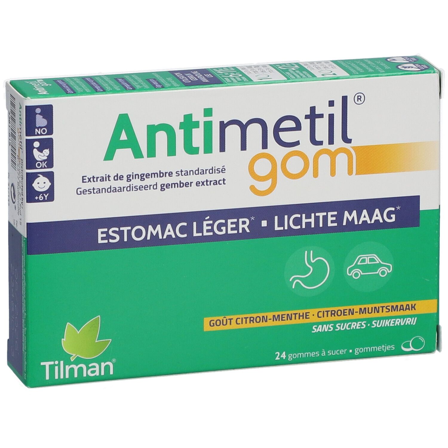 Schachtel Antimetil® gom. Grün-weiß. Text: Estomac léger, Lichte Maag. 24 Gummis. Ingwer-Geschmack. Marke Tilman.
