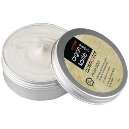 Runde Dose mit Creme. Deckel daneben. Aufschrift: nature argan karité crème cosmostar. Hydra Body. Bio-Zertifizierung.