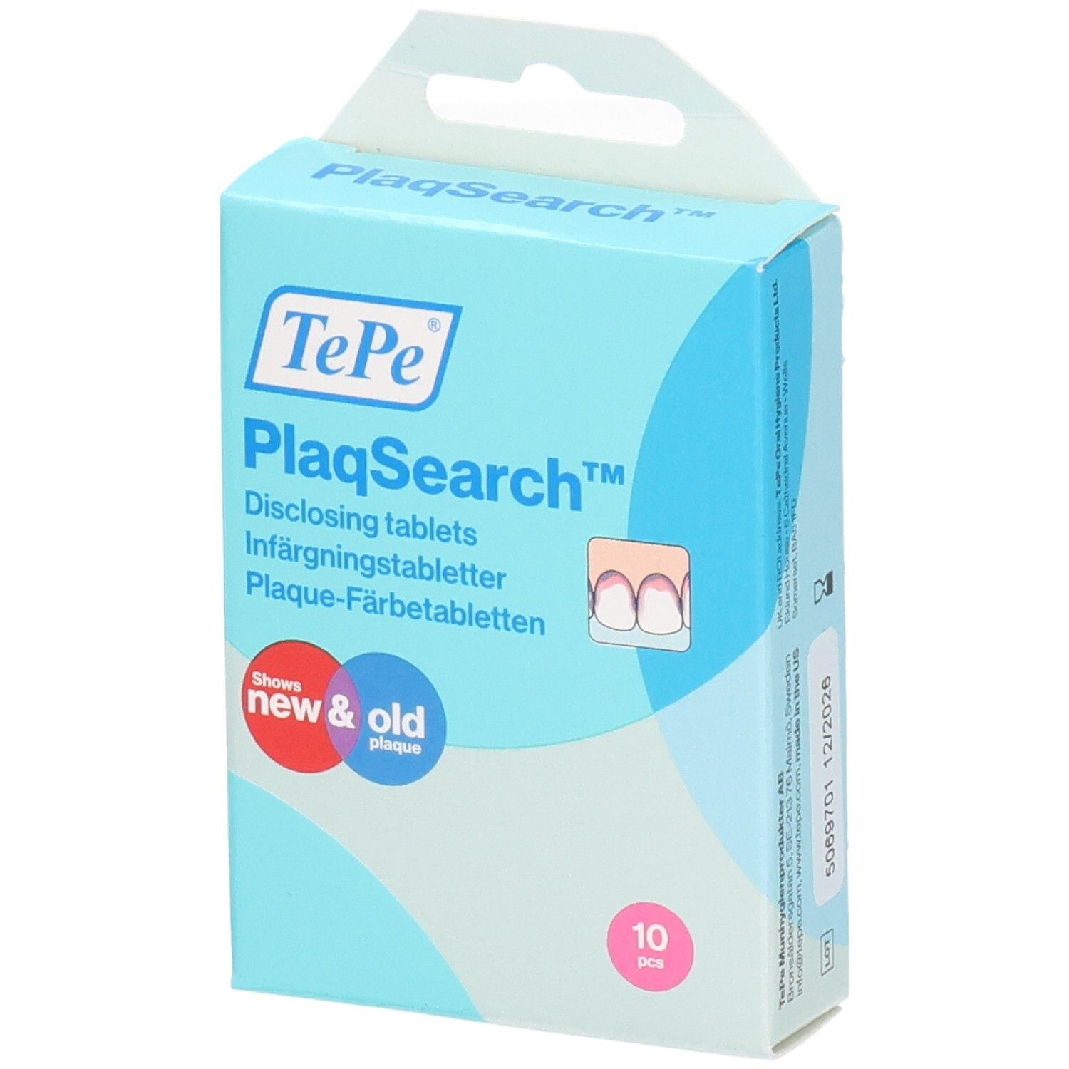 Hellblaue Schachtel TePe PlaqSearch. Zeigt neue und alte Plaque an. Enthält 10 Tabletten. Mit Aufhänger.