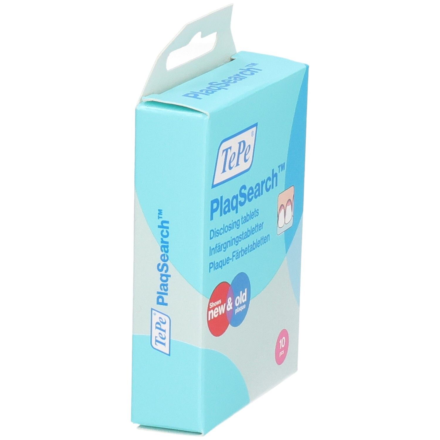Hellblaue Schachtel TePe PlaqSearch. Zeigt neue und alte Plaque an. Enthält 10 Tabletten. Mit Aufhänger.