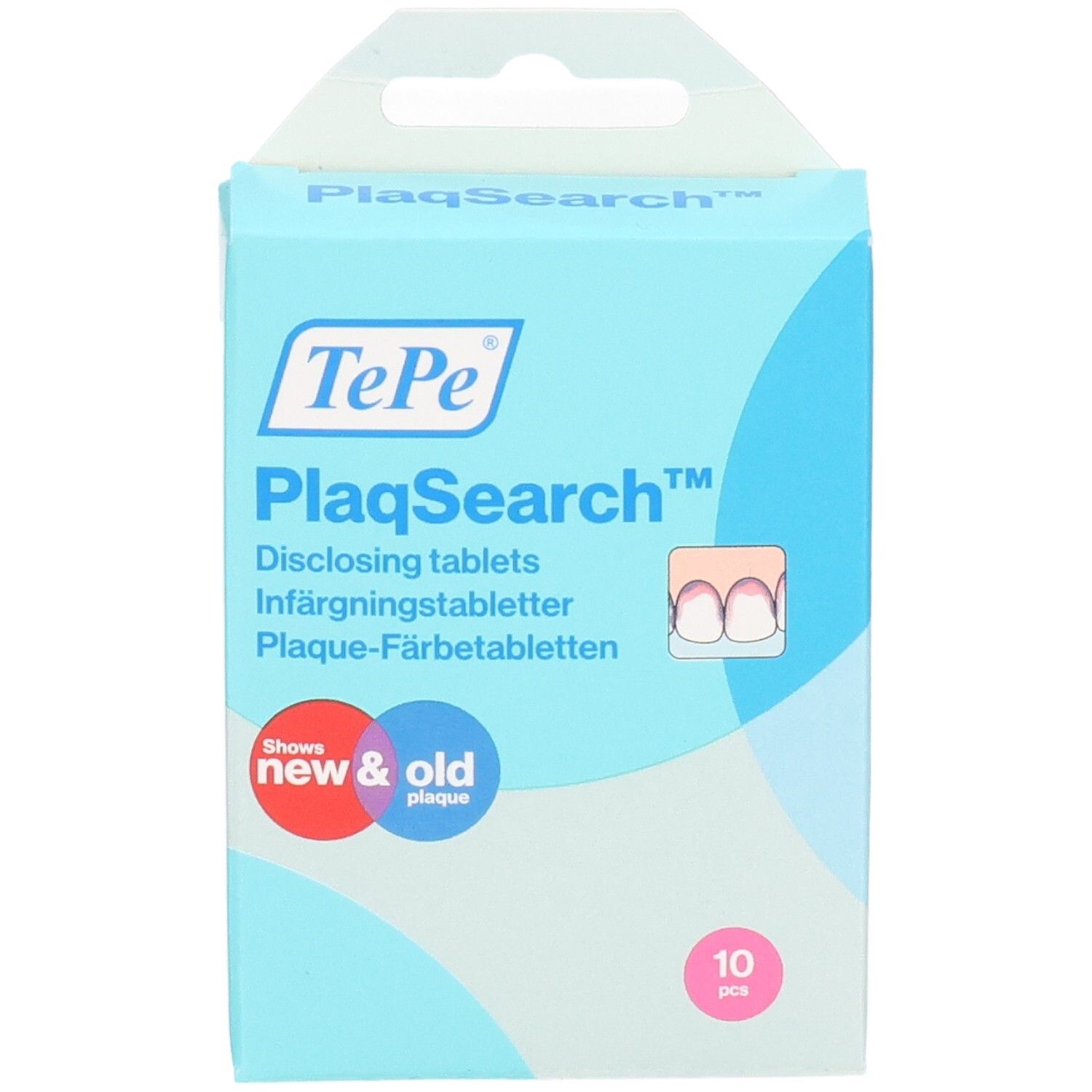 Hellblaue Schachtel TePe PlaqSearch. Zeigt neue und alte Plaque an. Enthält 10 Tabletten. Mit Aufhänger.