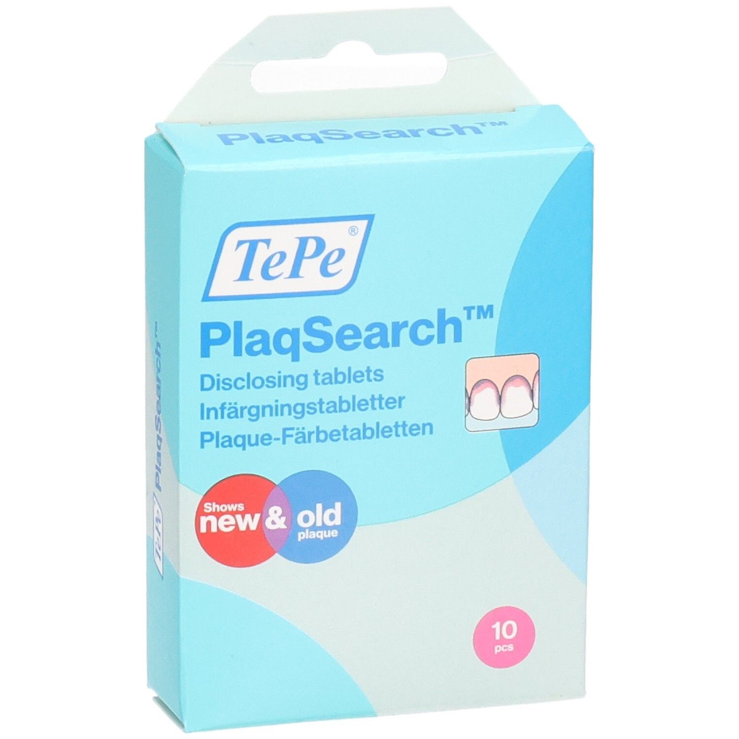 Hellblaue Schachtel TePe PlaqSearch. Zeigt neue und alte Plaque an. Enthält 10 Tabletten. Mit Aufhänger.