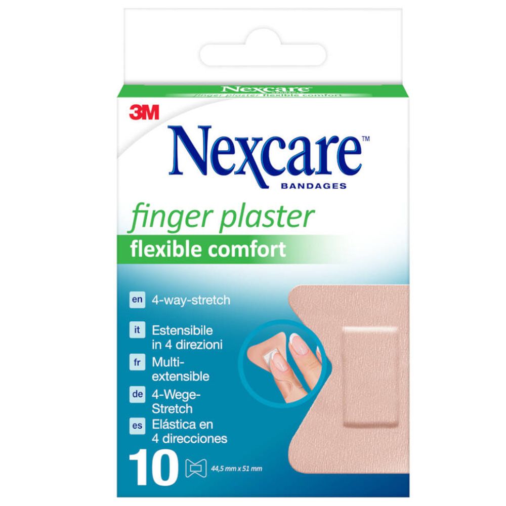 Verpackung mit Nexcare Fingerpflastern. 10 Stück, 44,5 x 51 mm. Flexible Pflaster mit 4-Wege-Stretch. Illustration eines Fingers mit Pflaster.