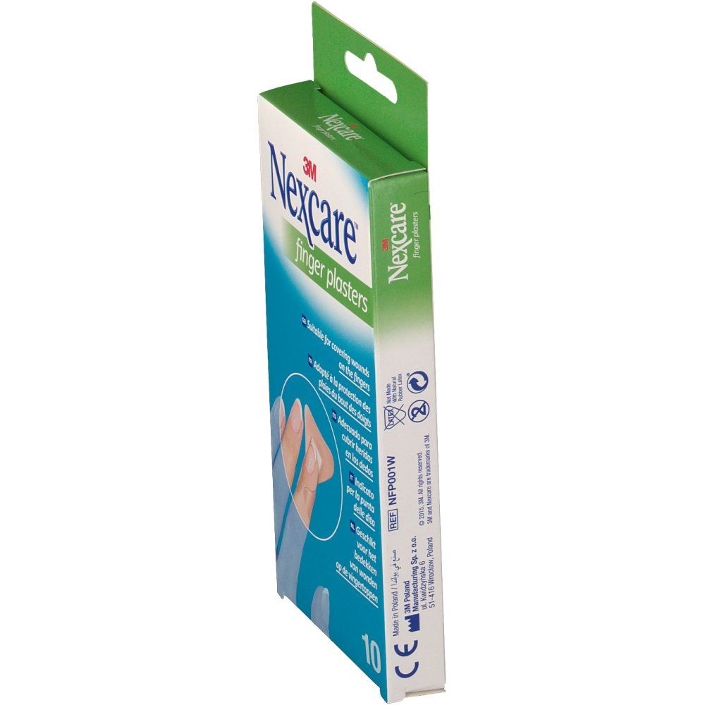 Seitenansicht der Nexcare Fingerpflaster-Verpackung. Zeigt die Produktbezeichnung und eine Illustration. 10 Pflaster.
