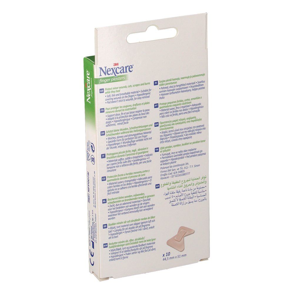 Rückseite der Nexcare Fingerpflaster-Verpackung. Enthält Produktinformationen und eine Abbildung des Pflasters. 10 Stück.