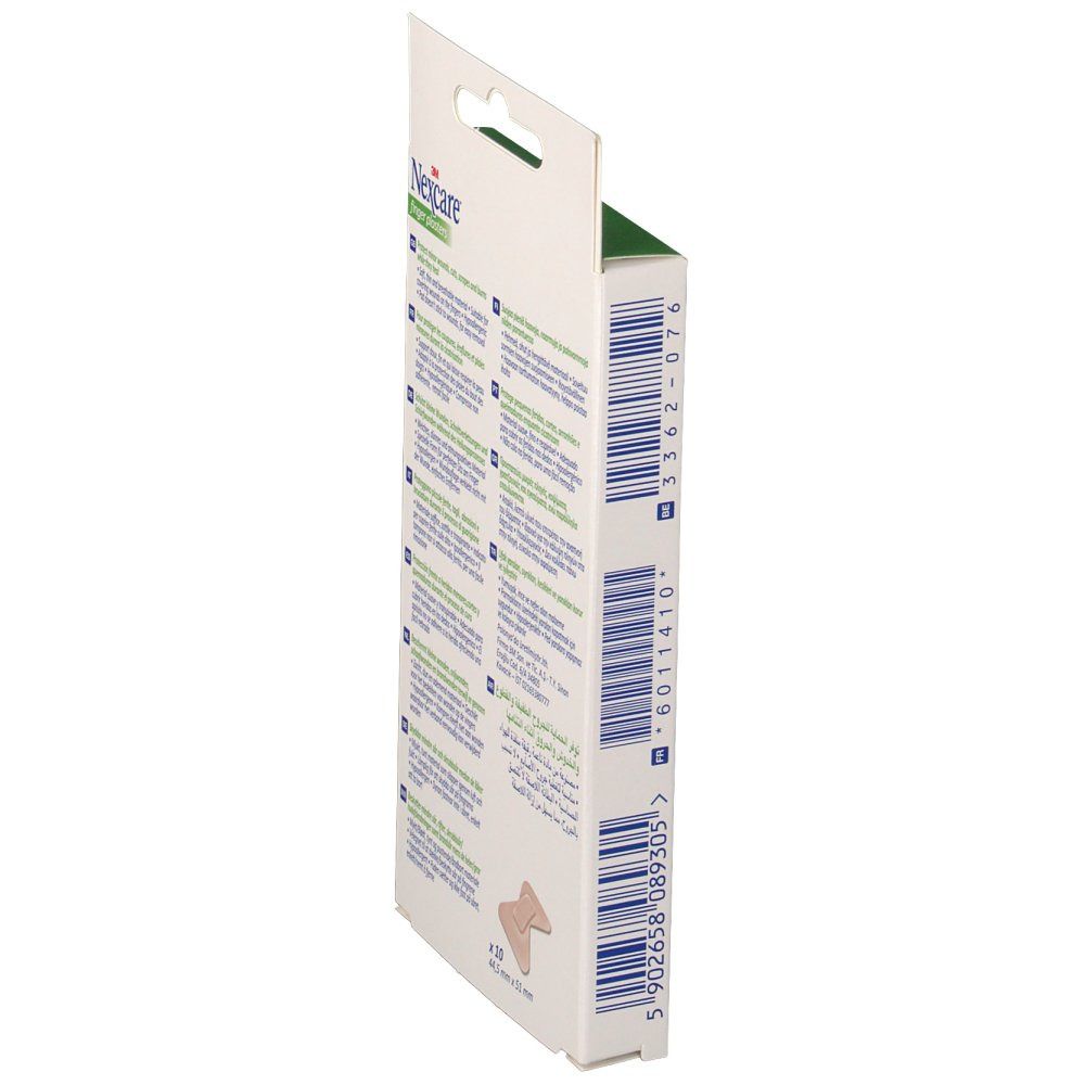 Seitenansicht der Nexcare Fingerpflaster-Verpackung. Zeigt Produktinformationen und eine EAN-Nummer. 10 Pflaster.
