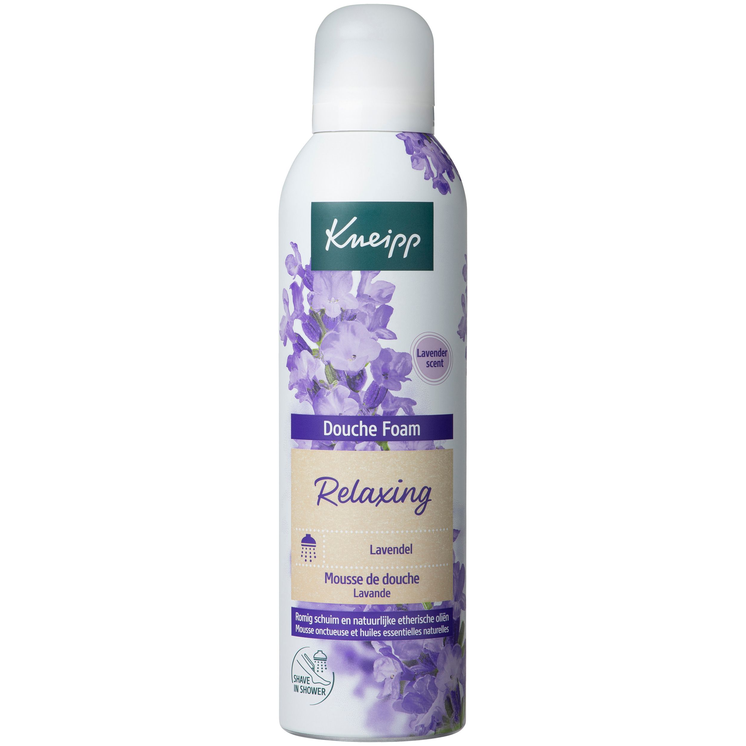 Mousse de douche Kneipp Lavande. Bouteille blanche avec motif lavande violet. Nom du produit et logo visibles.